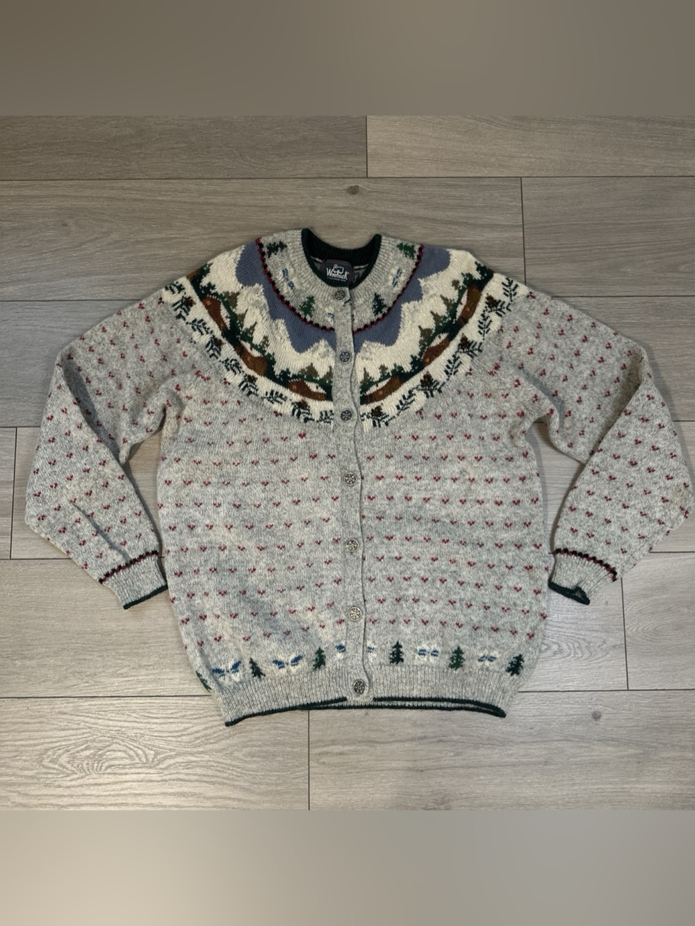 Woolrich Women’s XL Fair Isle Wool Cardigan Sweater Gray Nordic Button Cabin